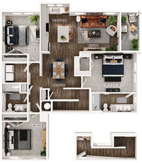 Floor plan for 3 beds, 2 baths, 1477 sqft